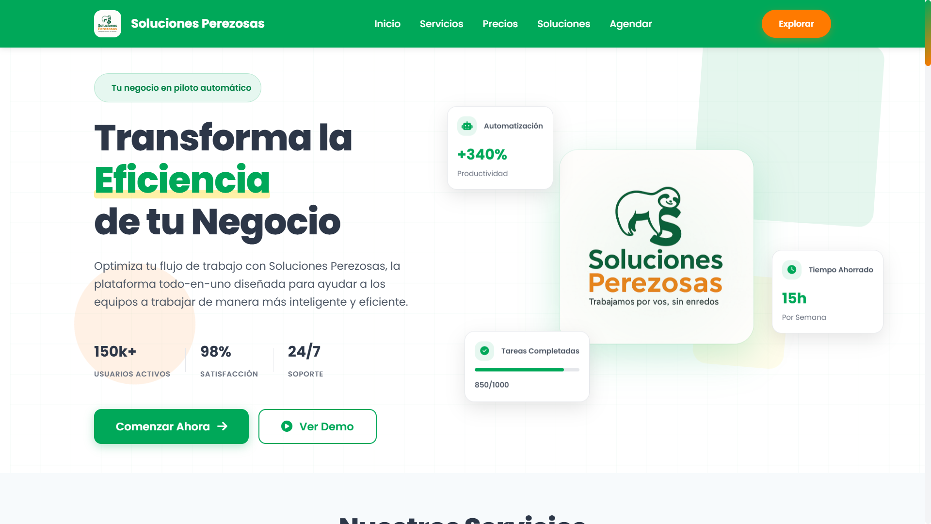 Vista principal con información de servicios