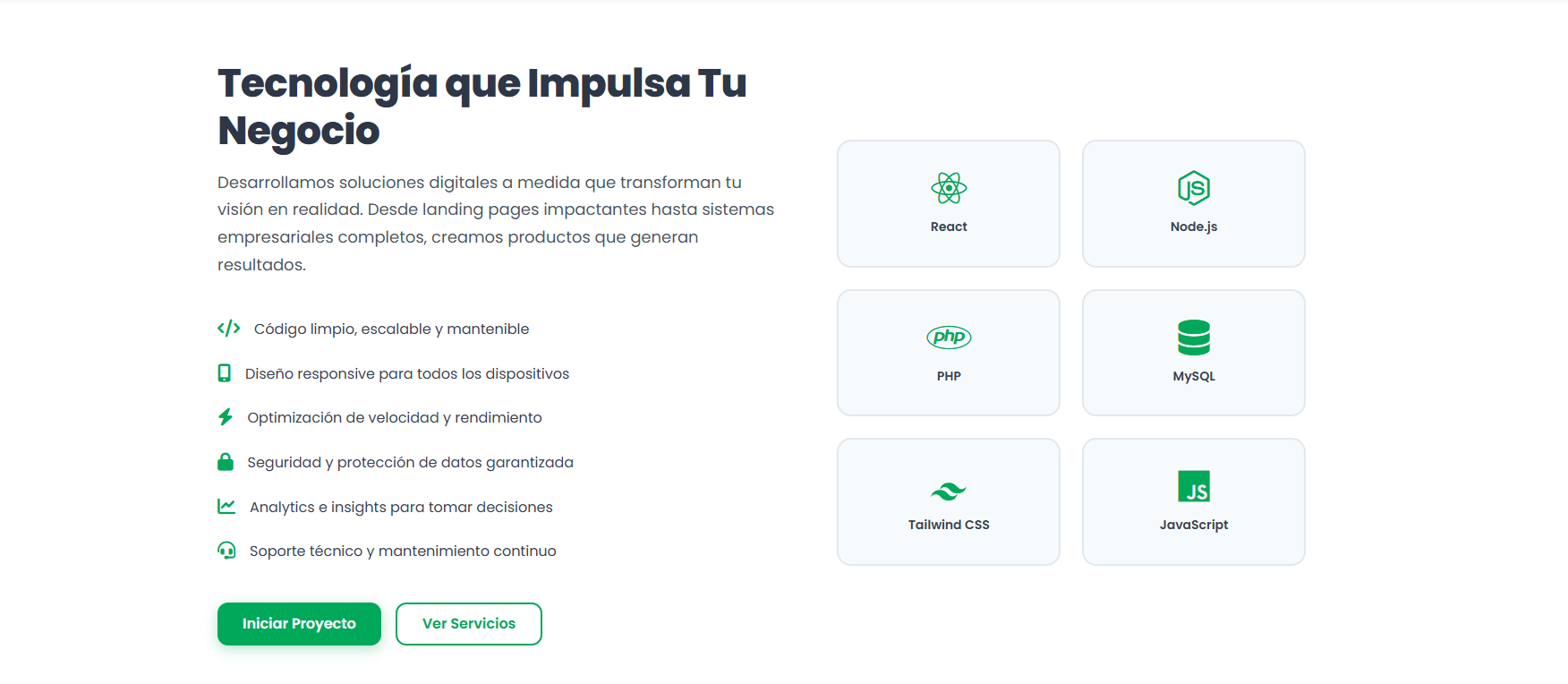 Página de tecnologías utilizadas